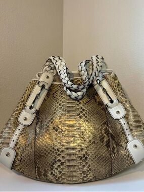 Gold Python-Texture Shoulder Bag with White Trim